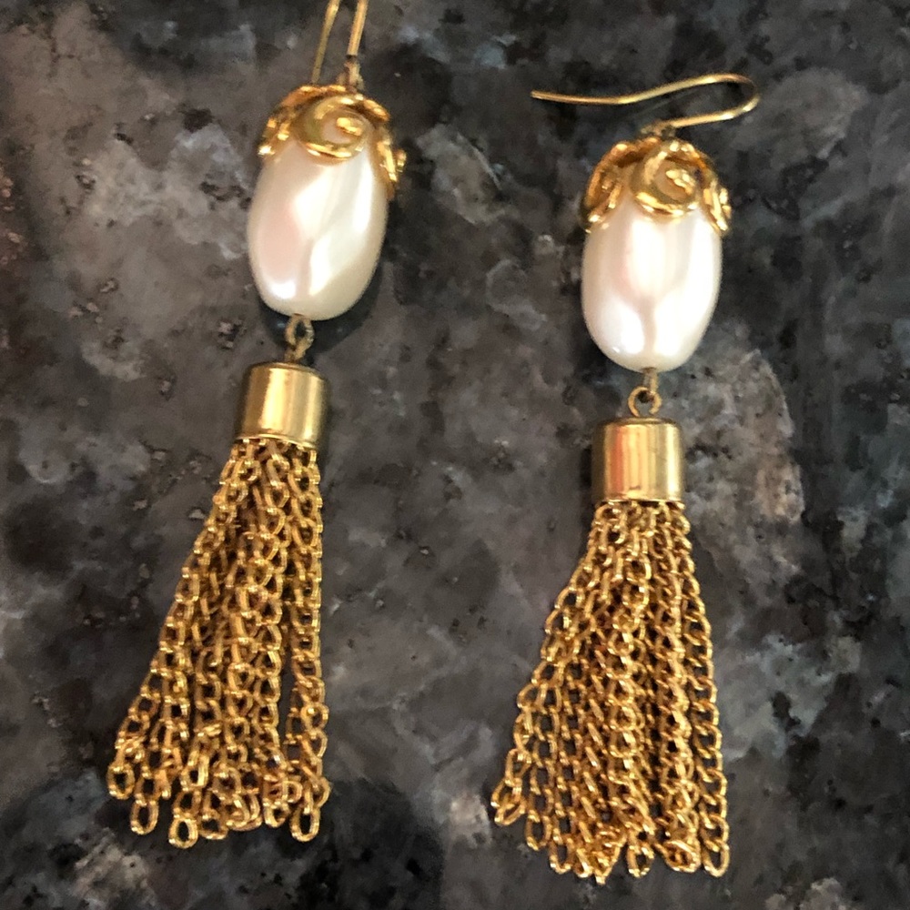 Faux Pearls Gold Tone Chain Earrings